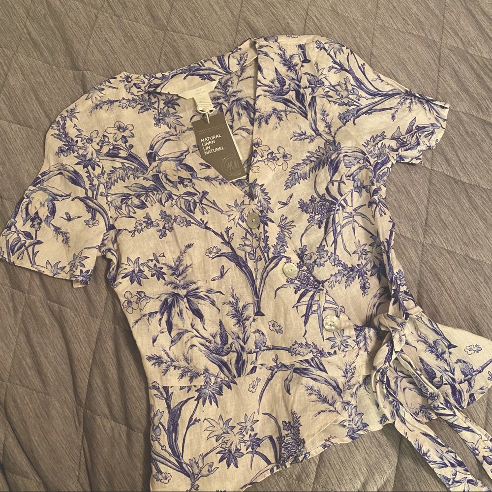 H&M Natural Linen Blue Floral Blouse